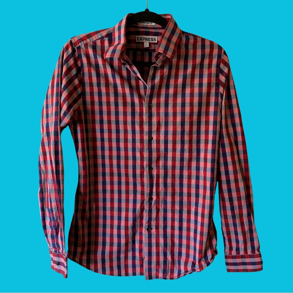 Express slim fit red and blue plaid button up shirt